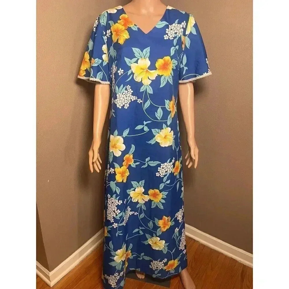 Made in Hawaii Vintage MuuMuu Maxi Dress Blue with Yellow Hibiscus Ladies Sz 14